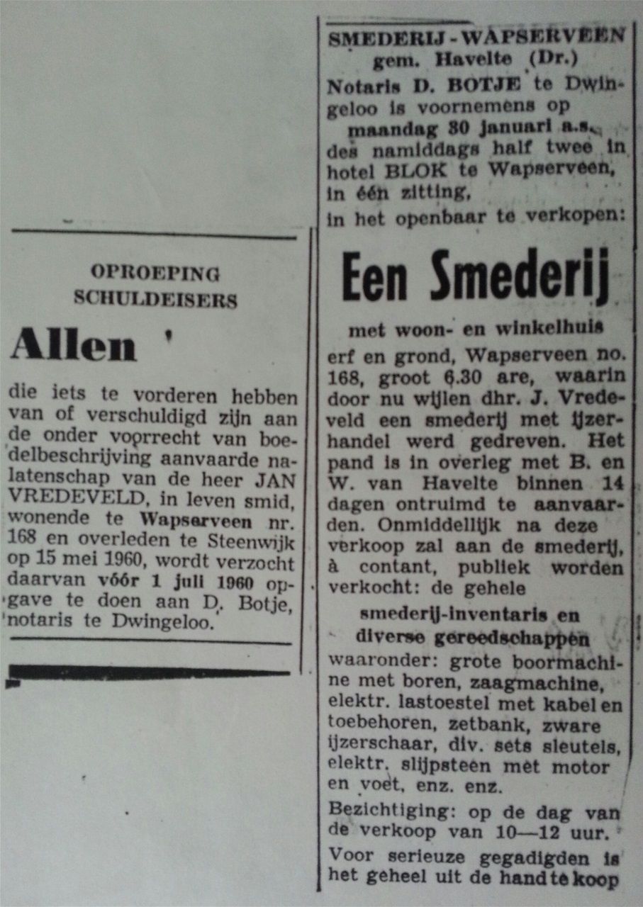 Wapserveen. Na 15 mei 1960 geen smederij meer op Midden 168