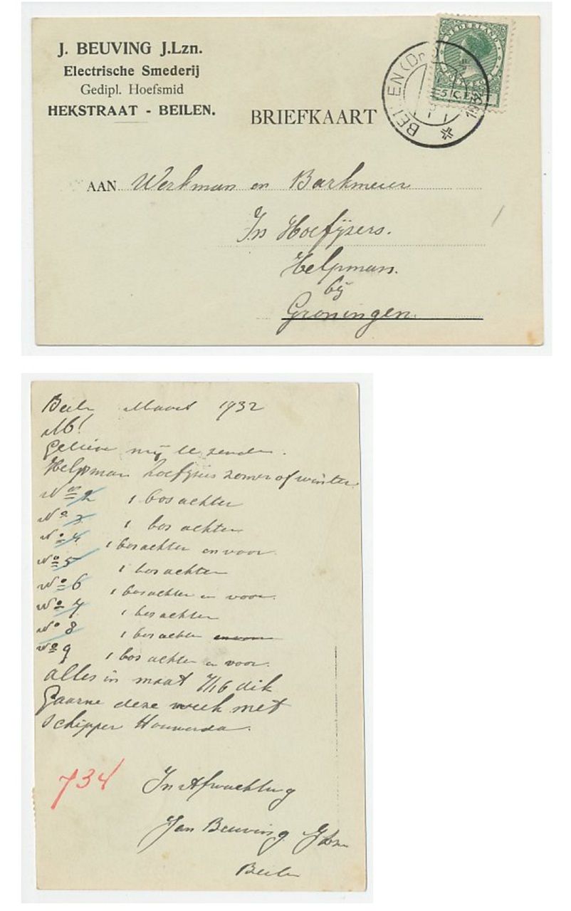 Beilen - Zo bestelde smid Beuving in 1932 zijn hoefijzers....