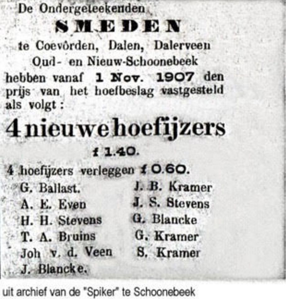 Coevorden, Dalen, Dalerveen, Nieuw Schoonebeek en Schoonebeek. Kartelvorming betreft de kosten van hoefbeslag......