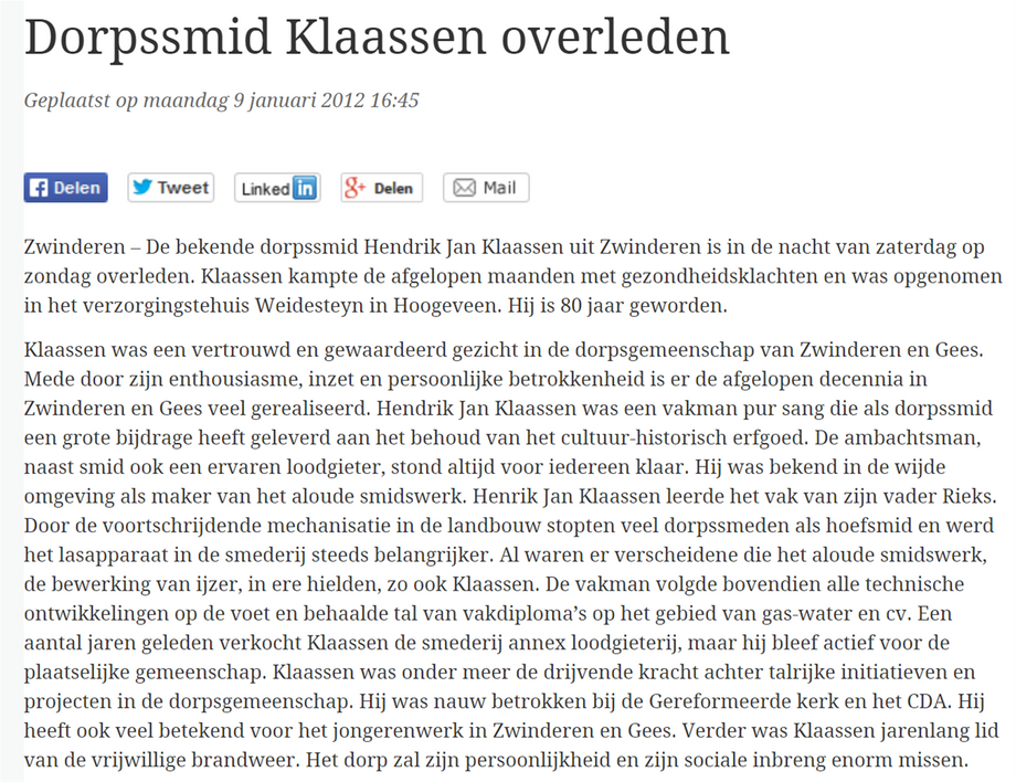 Zwinderen - Hendrik Jan Klaassen overleden