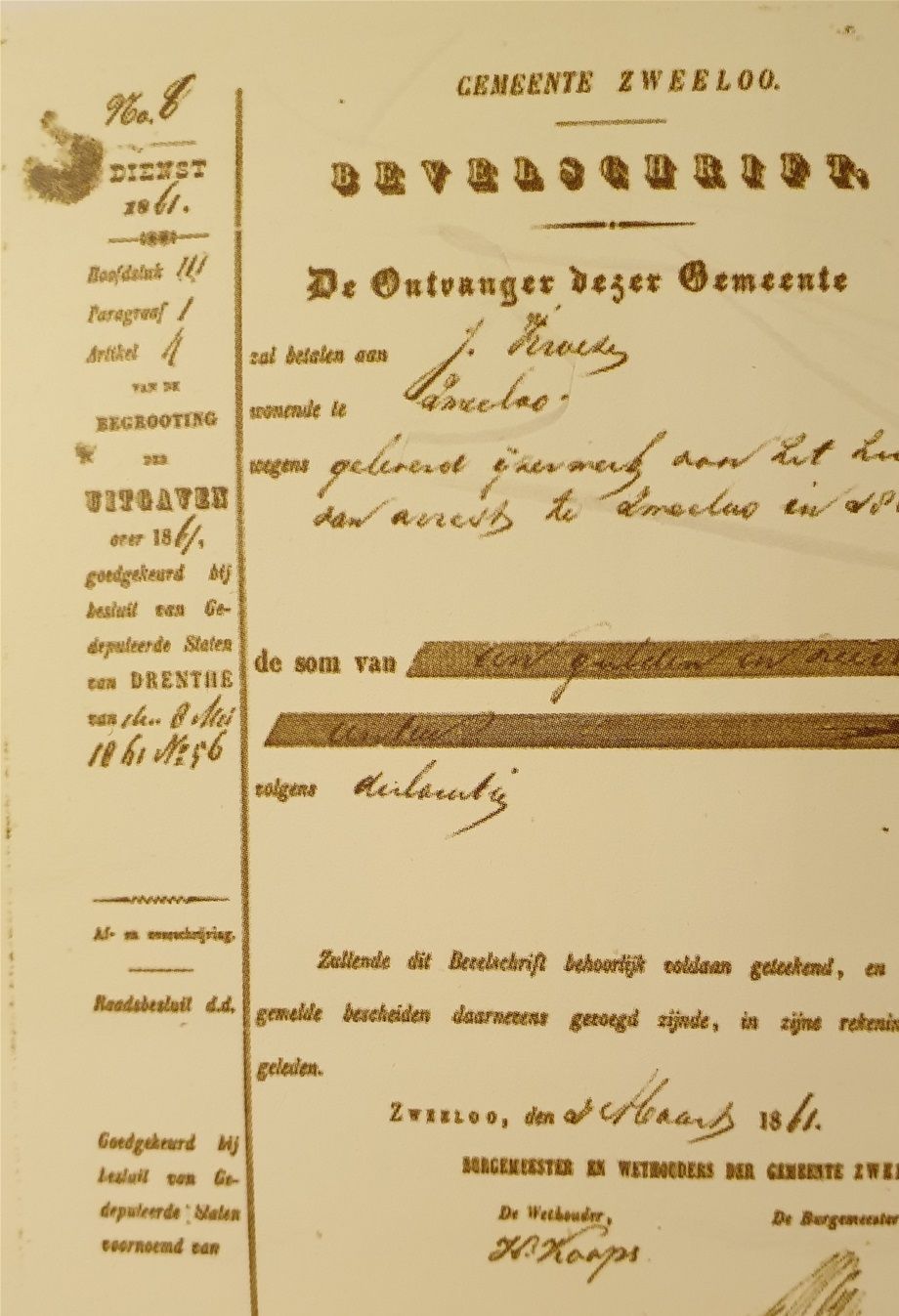 Jan Kroeze in Zweeloo krijgt zijn werk door de gemeente uitbetaald in 1861