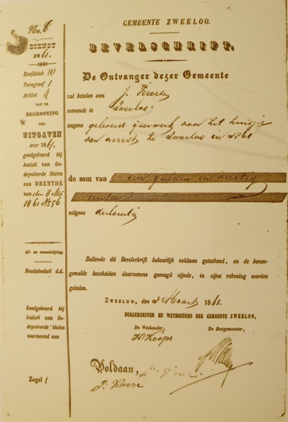 Jan Kroeze in Zweeloo krijgt zijn werk door de gemeente uitbetaald in 1861
